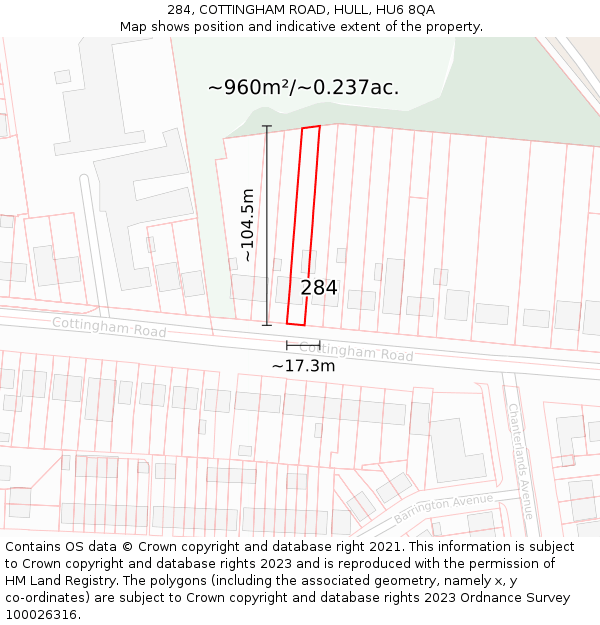 284, COTTINGHAM ROAD, HULL, HU6 8QA: Plot and title map