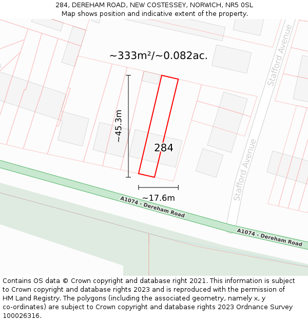 284, DEREHAM ROAD, NEW COSTESSEY, NORWICH, NR5 0SL: Plot and title map