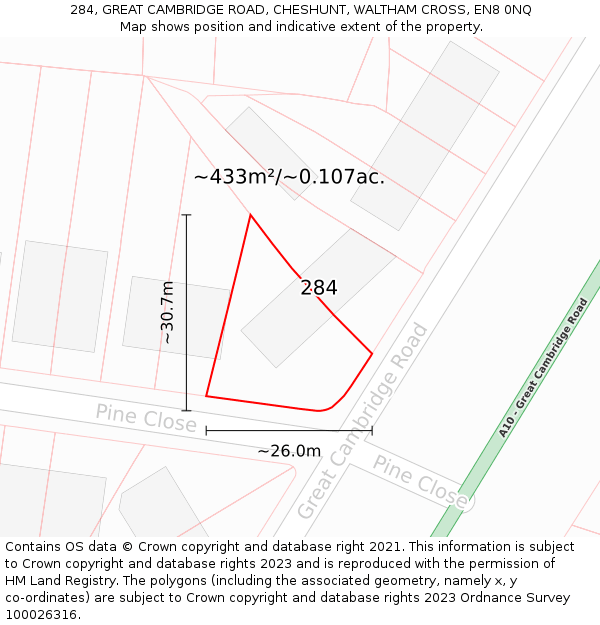 284, GREAT CAMBRIDGE ROAD, CHESHUNT, WALTHAM CROSS, EN8 0NQ: Plot and title map