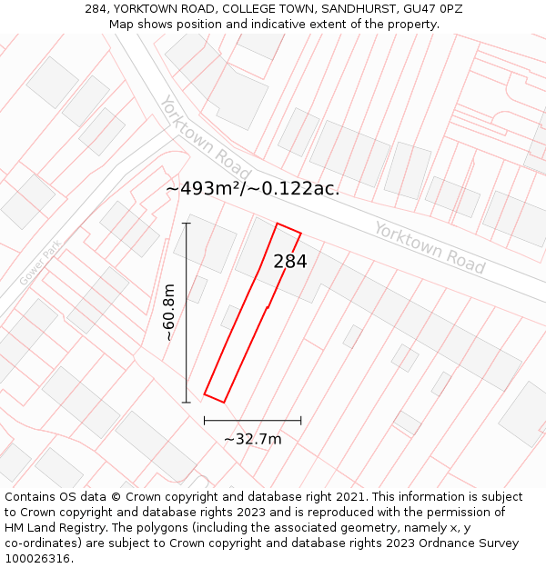 284, YORKTOWN ROAD, COLLEGE TOWN, SANDHURST, GU47 0PZ: Plot and title map