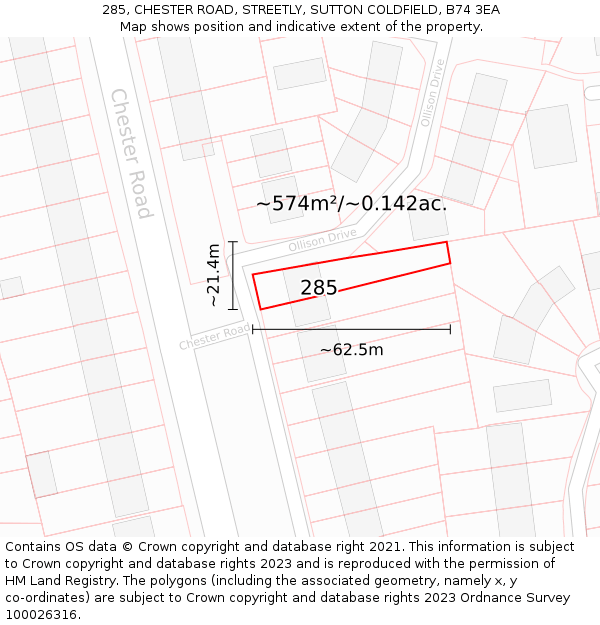 285, CHESTER ROAD, STREETLY, SUTTON COLDFIELD, B74 3EA: Plot and title map