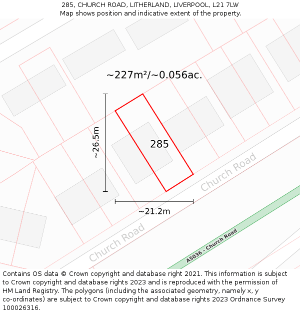 285, CHURCH ROAD, LITHERLAND, LIVERPOOL, L21 7LW: Plot and title map