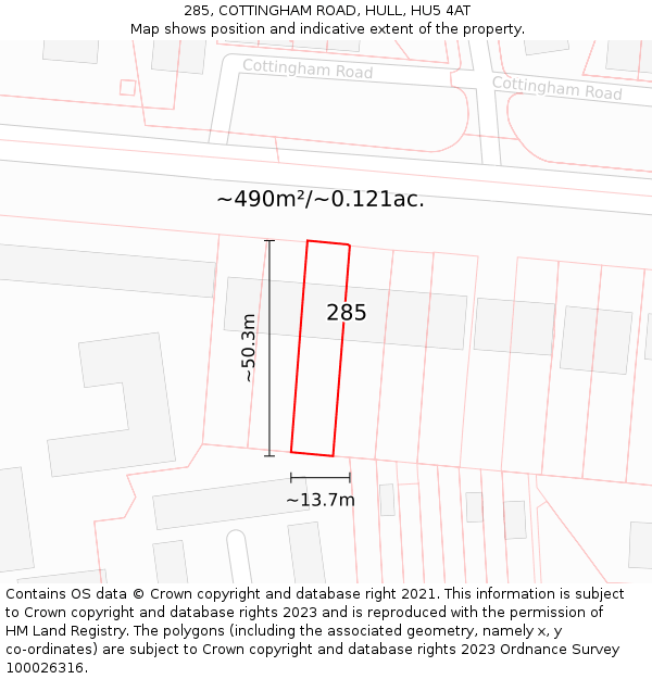285, COTTINGHAM ROAD, HULL, HU5 4AT: Plot and title map