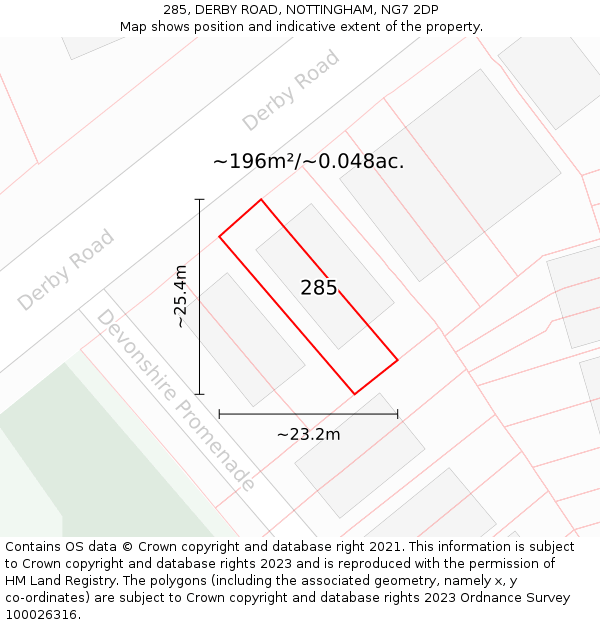 285, DERBY ROAD, NOTTINGHAM, NG7 2DP: Plot and title map