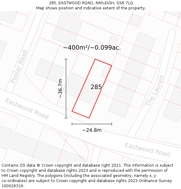 285, EASTWOOD ROAD, RAYLEIGH, SS6 7LQ: Plot and title map