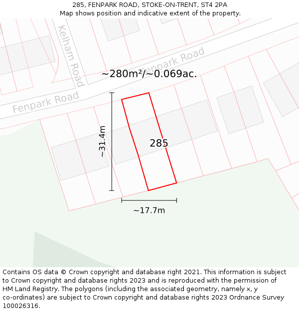 285, FENPARK ROAD, STOKE-ON-TRENT, ST4 2PA: Plot and title map