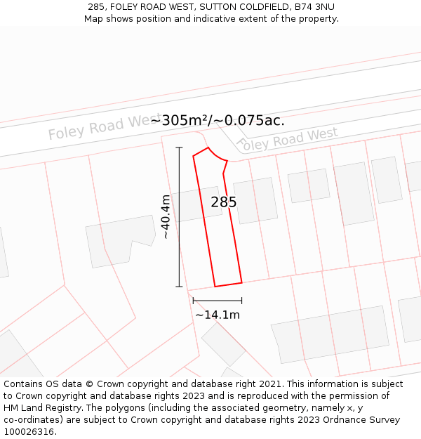 285, FOLEY ROAD WEST, SUTTON COLDFIELD, B74 3NU: Plot and title map