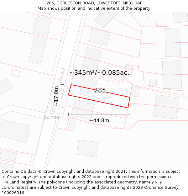285, GORLESTON ROAD, LOWESTOFT, NR32 3AF: Plot and title map