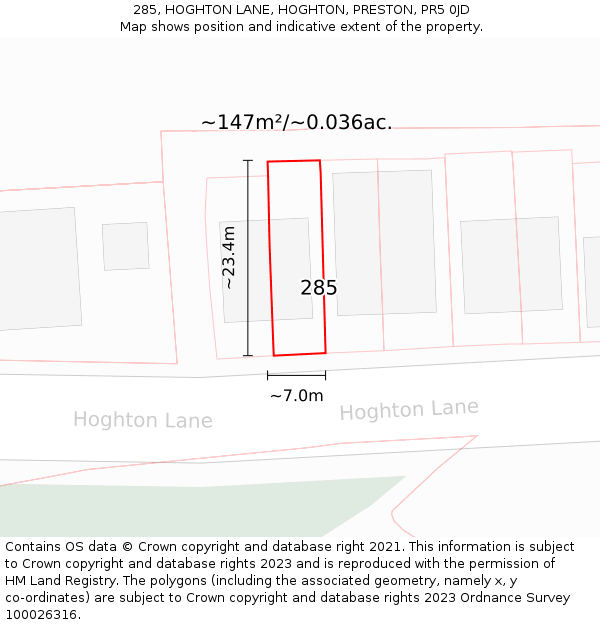 285, HOGHTON LANE, HOGHTON, PRESTON, PR5 0JD: Plot and title map