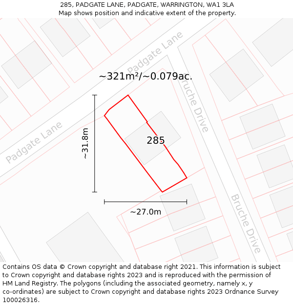 285, PADGATE LANE, PADGATE, WARRINGTON, WA1 3LA: Plot and title map