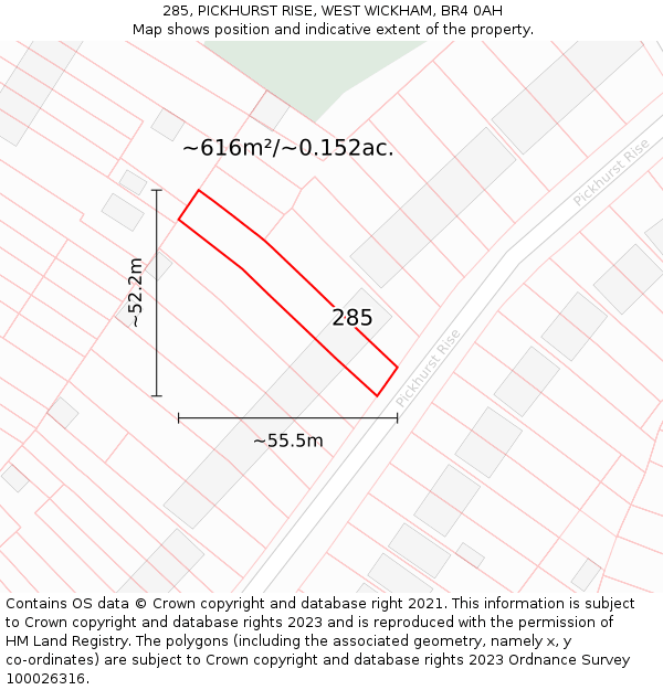 285, PICKHURST RISE, WEST WICKHAM, BR4 0AH: Plot and title map