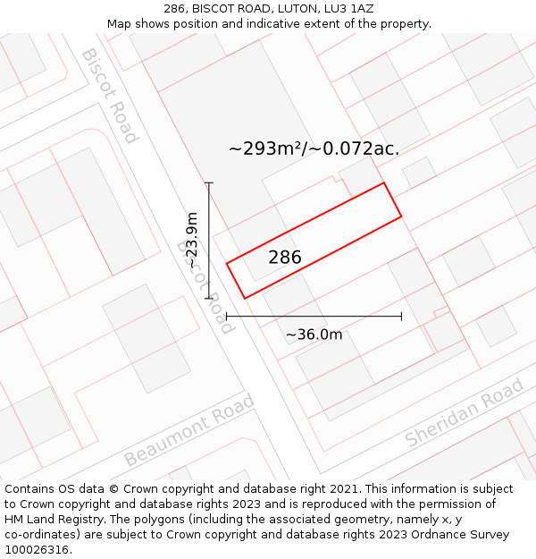 286, BISCOT ROAD, LUTON, LU3 1AZ: Plot and title map