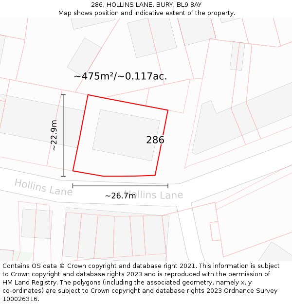 286, HOLLINS LANE, BURY, BL9 8AY: Plot and title map