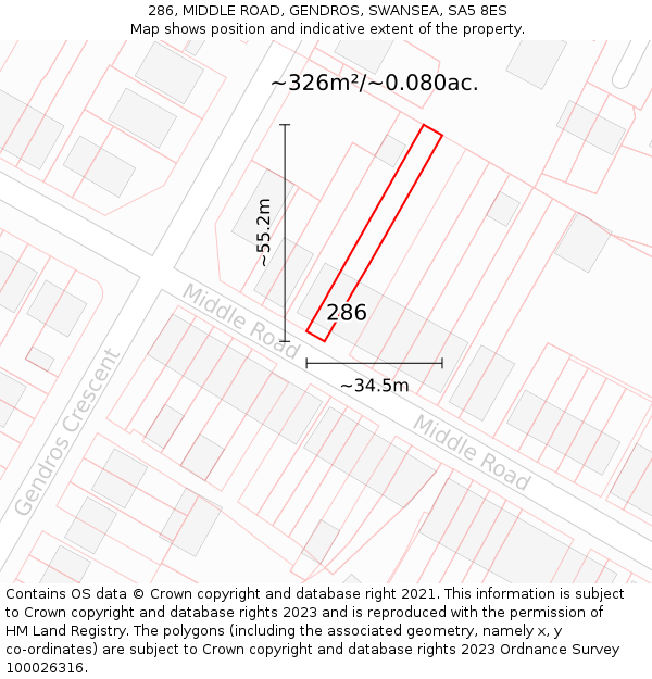 286, MIDDLE ROAD, GENDROS, SWANSEA, SA5 8ES: Plot and title map