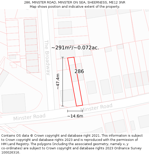 286, MINSTER ROAD, MINSTER ON SEA, SHEERNESS, ME12 3NR: Plot and title map
