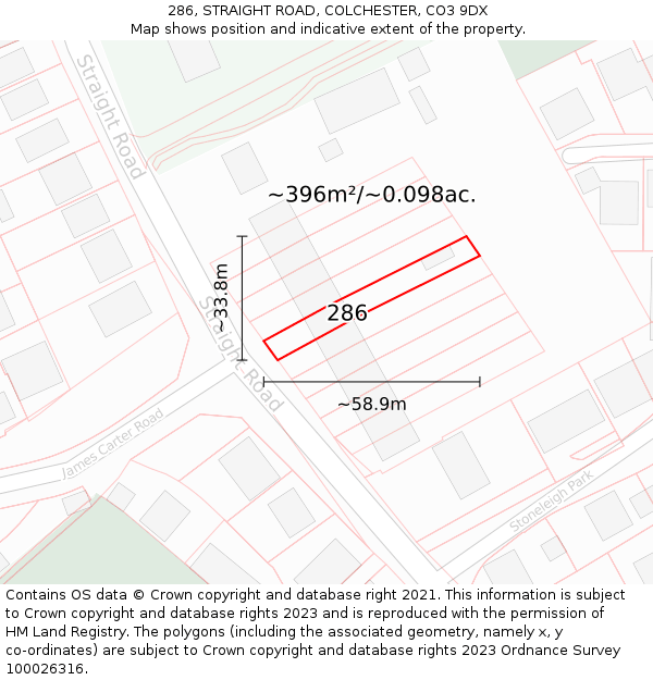 286, STRAIGHT ROAD, COLCHESTER, CO3 9DX: Plot and title map