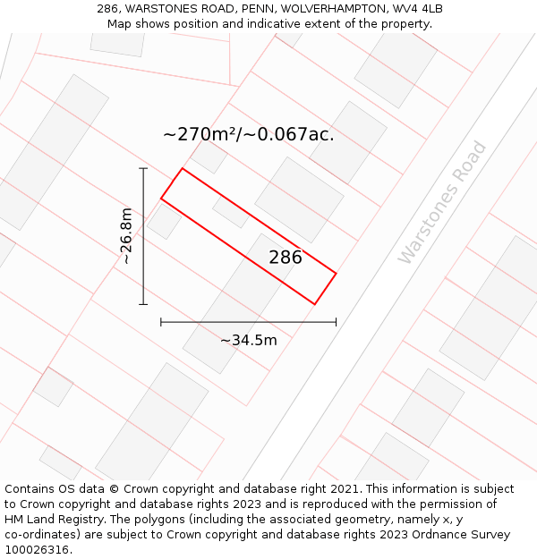 286, WARSTONES ROAD, PENN, WOLVERHAMPTON, WV4 4LB: Plot and title map