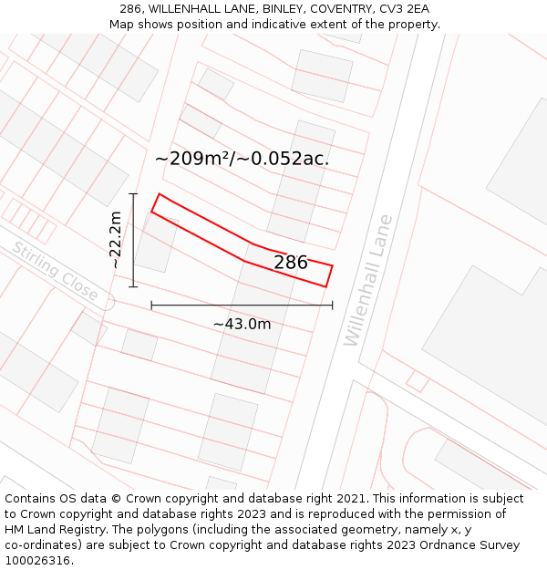 286, WILLENHALL LANE, BINLEY, COVENTRY, CV3 2EA: Plot and title map