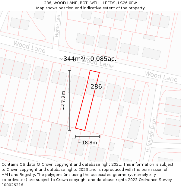 286, WOOD LANE, ROTHWELL, LEEDS, LS26 0PW: Plot and title map
