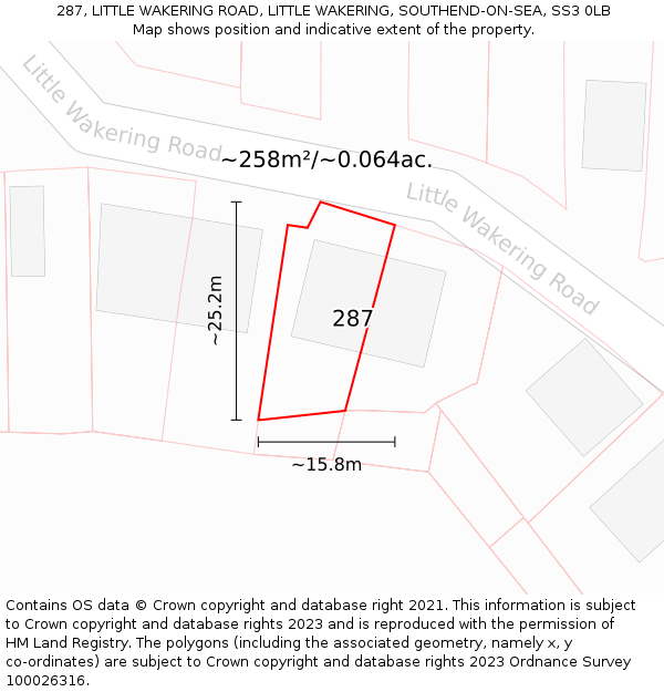 287, LITTLE WAKERING ROAD, LITTLE WAKERING, SOUTHEND-ON-SEA, SS3 0LB: Plot and title map