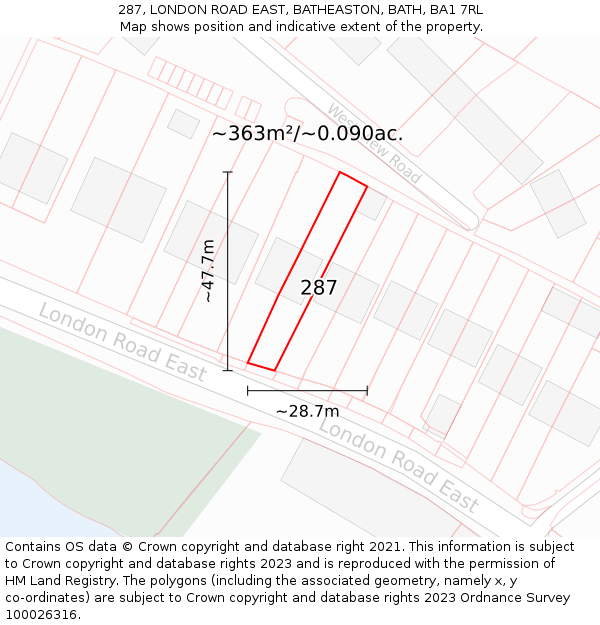 287, LONDON ROAD EAST, BATHEASTON, BATH, BA1 7RL: Plot and title map