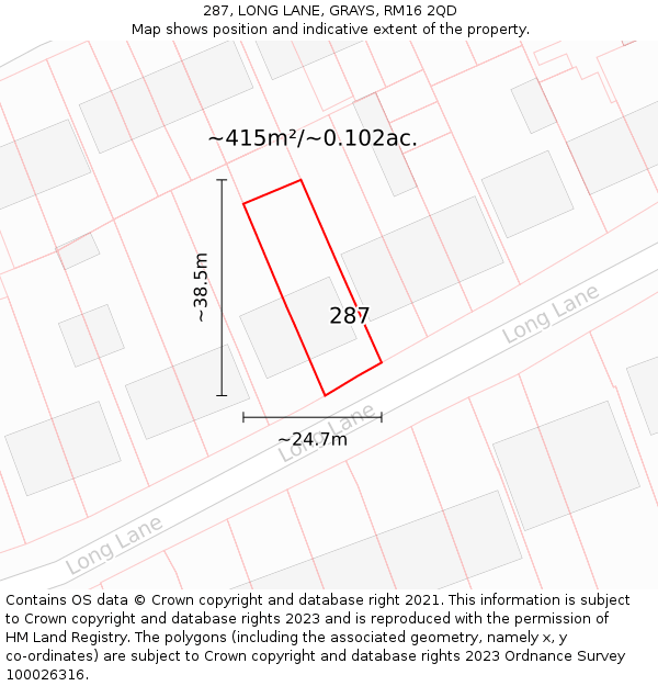 287, LONG LANE, GRAYS, RM16 2QD: Plot and title map
