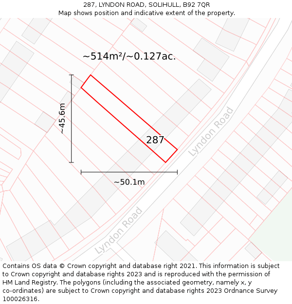 287, LYNDON ROAD, SOLIHULL, B92 7QR: Plot and title map