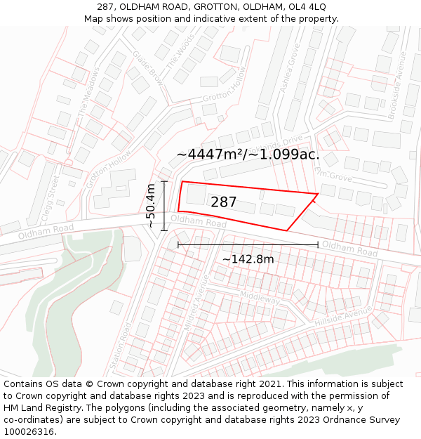 287, OLDHAM ROAD, GROTTON, OLDHAM, OL4 4LQ: Plot and title map