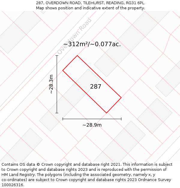 287, OVERDOWN ROAD, TILEHURST, READING, RG31 6PL: Plot and title map
