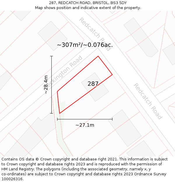 287, REDCATCH ROAD, BRISTOL, BS3 5DY: Plot and title map