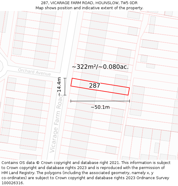 287, VICARAGE FARM ROAD, HOUNSLOW, TW5 0DR: Plot and title map