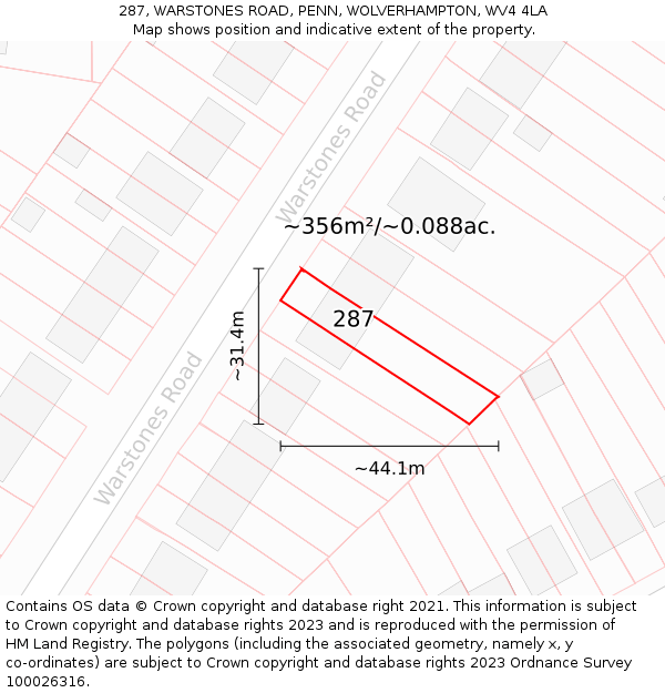 287, WARSTONES ROAD, PENN, WOLVERHAMPTON, WV4 4LA: Plot and title map