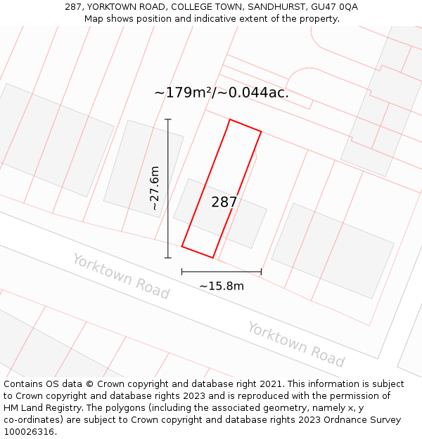 287, YORKTOWN ROAD, COLLEGE TOWN, SANDHURST, GU47 0QA: Plot and title map