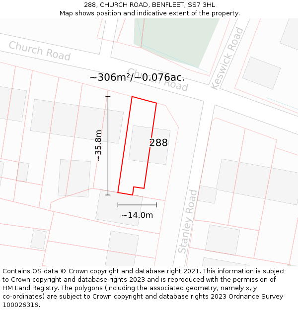 288, CHURCH ROAD, BENFLEET, SS7 3HL: Plot and title map