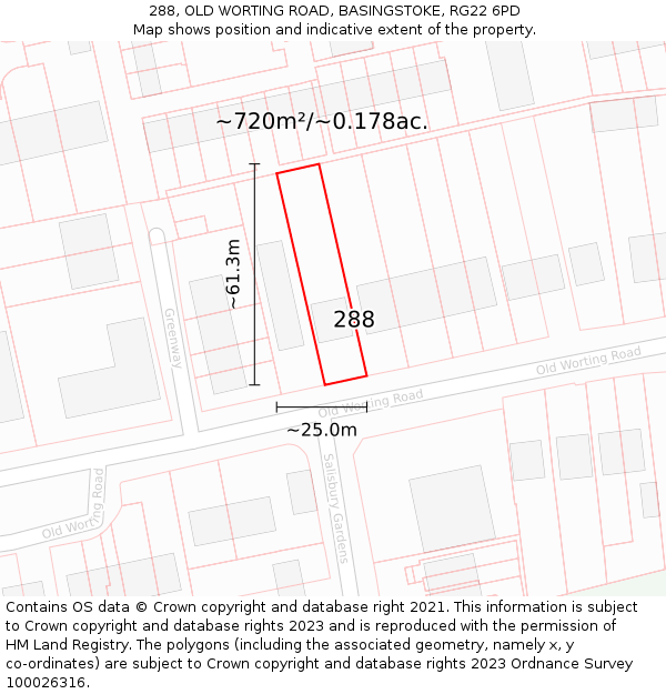 288, OLD WORTING ROAD, BASINGSTOKE, RG22 6PD: Plot and title map