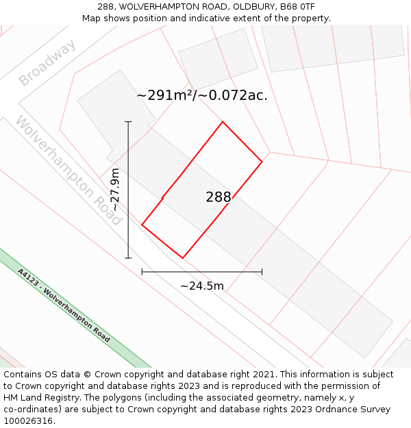 288, WOLVERHAMPTON ROAD, OLDBURY, B68 0TF: Plot and title map