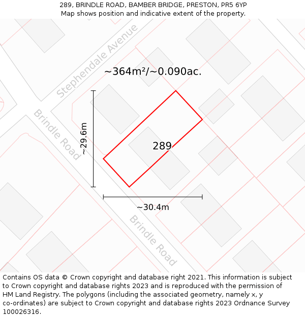 289, BRINDLE ROAD, BAMBER BRIDGE, PRESTON, PR5 6YP: Plot and title map