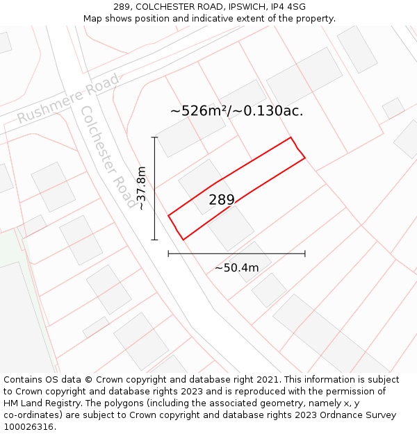 289, COLCHESTER ROAD, IPSWICH, IP4 4SG: Plot and title map