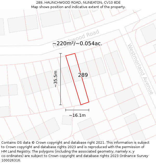 289, HAUNCHWOOD ROAD, NUNEATON, CV10 8DE: Plot and title map