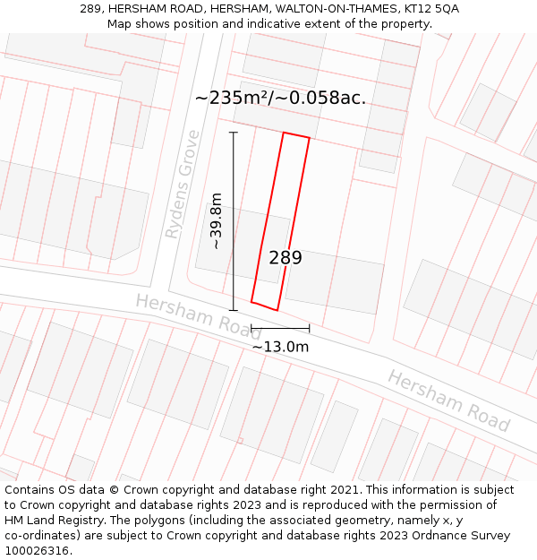 289, HERSHAM ROAD, HERSHAM, WALTON-ON-THAMES, KT12 5QA: Plot and title map