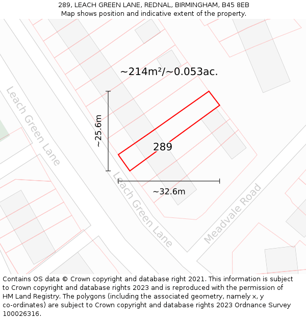 289, LEACH GREEN LANE, REDNAL, BIRMINGHAM, B45 8EB: Plot and title map