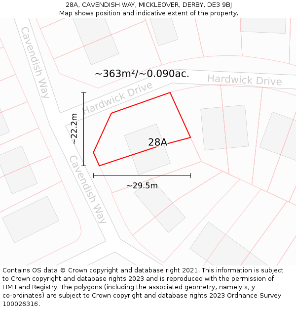 28A, CAVENDISH WAY, MICKLEOVER, DERBY, DE3 9BJ: Plot and title map