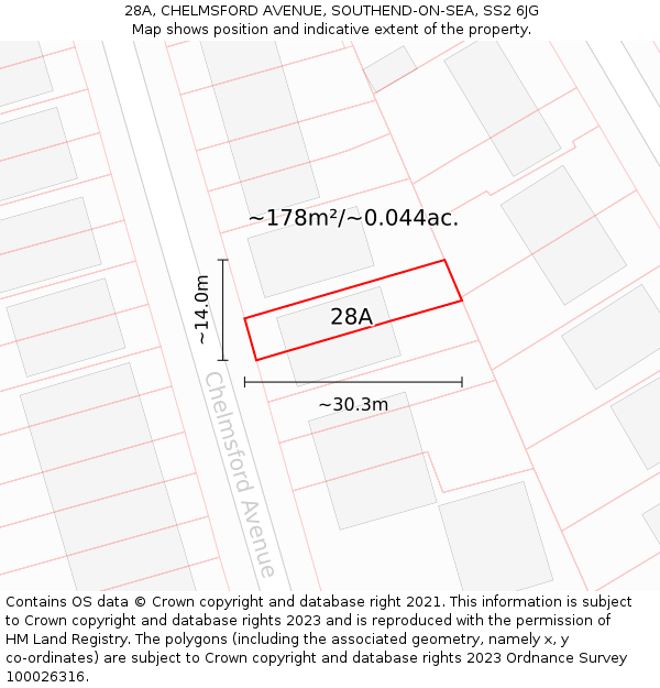 28A, CHELMSFORD AVENUE, SOUTHEND-ON-SEA, SS2 6JG: Plot and title map