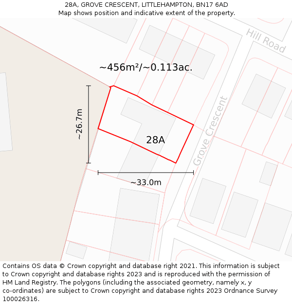 28A, GROVE CRESCENT, LITTLEHAMPTON, BN17 6AD: Plot and title map