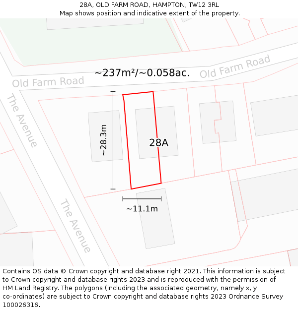 28A, OLD FARM ROAD, HAMPTON, TW12 3RL: Plot and title map