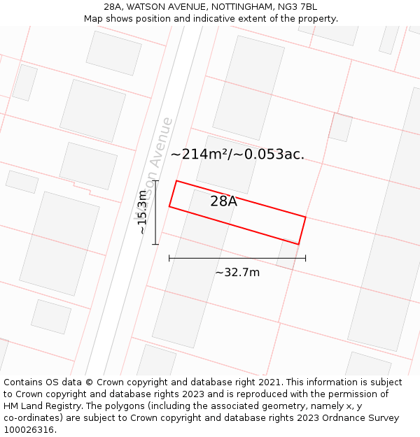 28A, WATSON AVENUE, NOTTINGHAM, NG3 7BL: Plot and title map