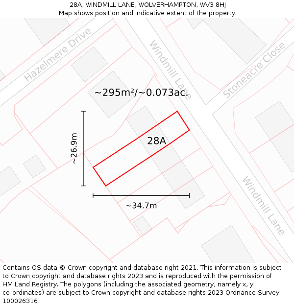 28A, WINDMILL LANE, WOLVERHAMPTON, WV3 8HJ: Plot and title map