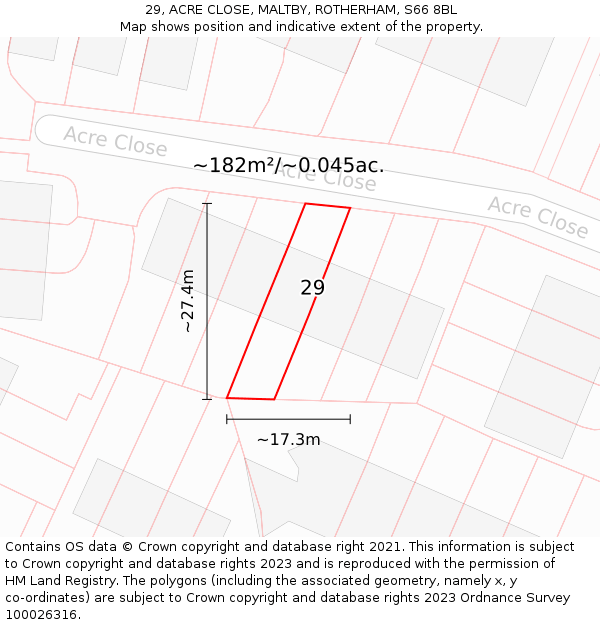 29, ACRE CLOSE, MALTBY, ROTHERHAM, S66 8BL: Plot and title map