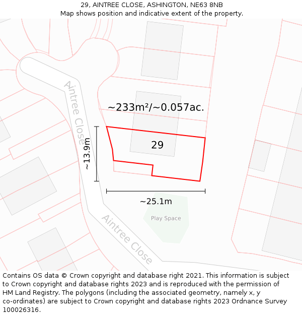 29, AINTREE CLOSE, ASHINGTON, NE63 8NB: Plot and title map
