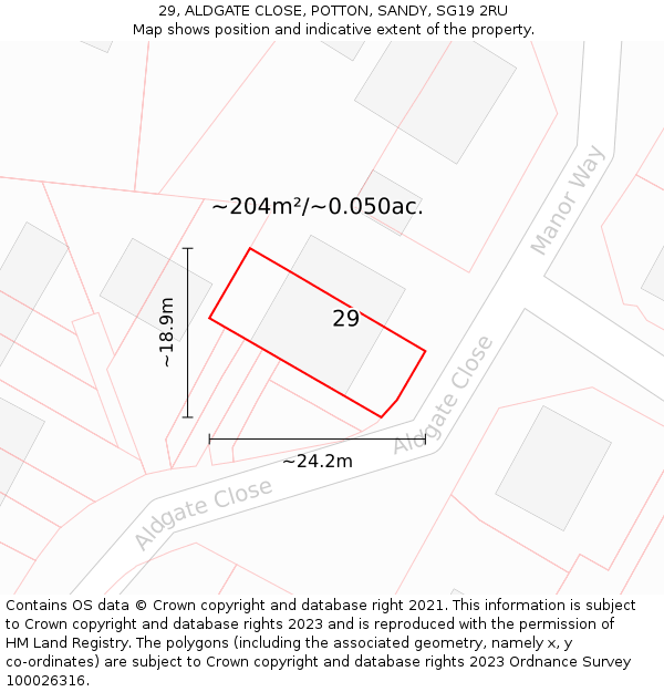 29, ALDGATE CLOSE, POTTON, SANDY, SG19 2RU: Plot and title map